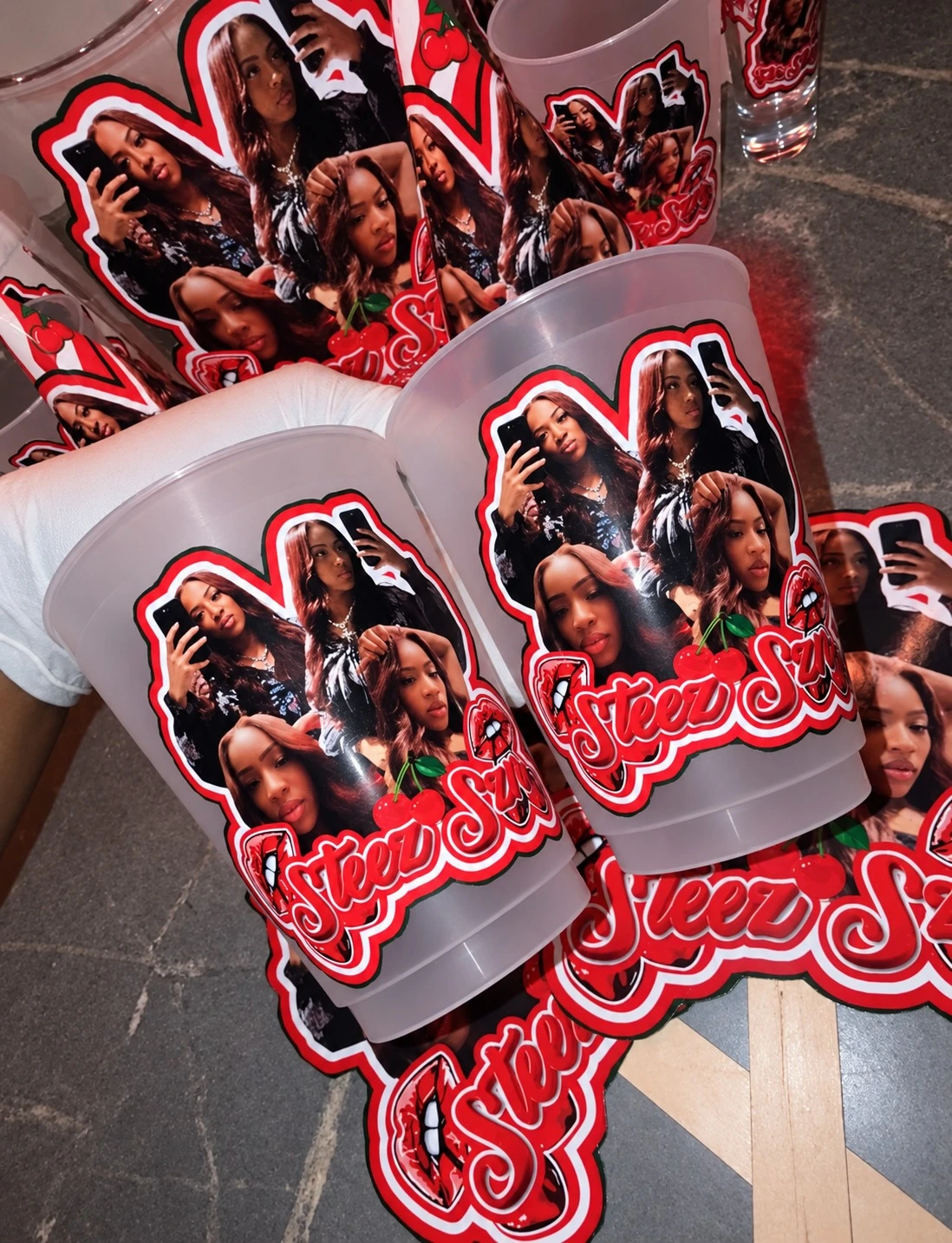 Custom red birthday cups and fans