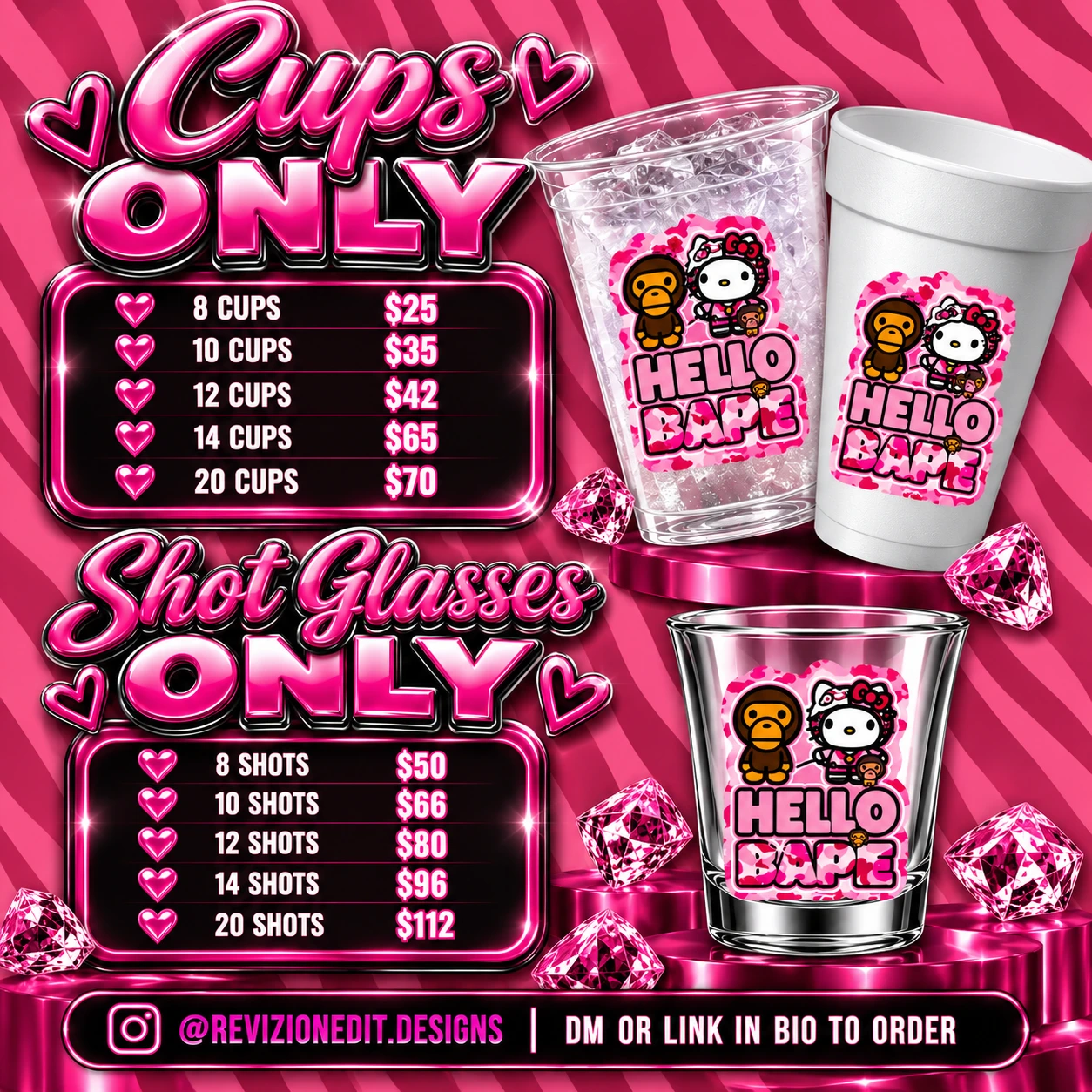 Custom cups and shot glasses price-list graphic