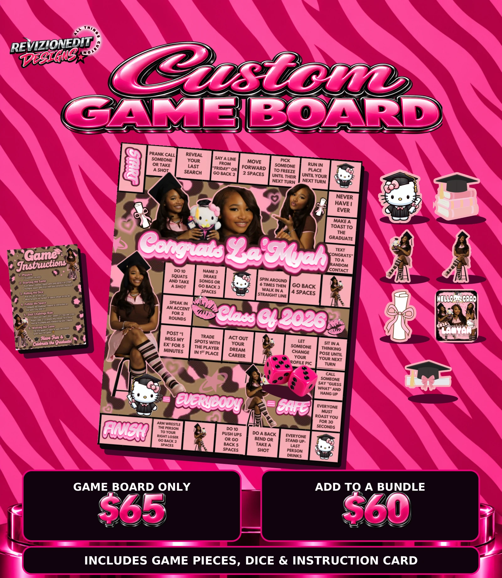 Custom game board price list showing the board, seven game pieces, dice, instruction card, and prices of $65 alone or $60 with a package